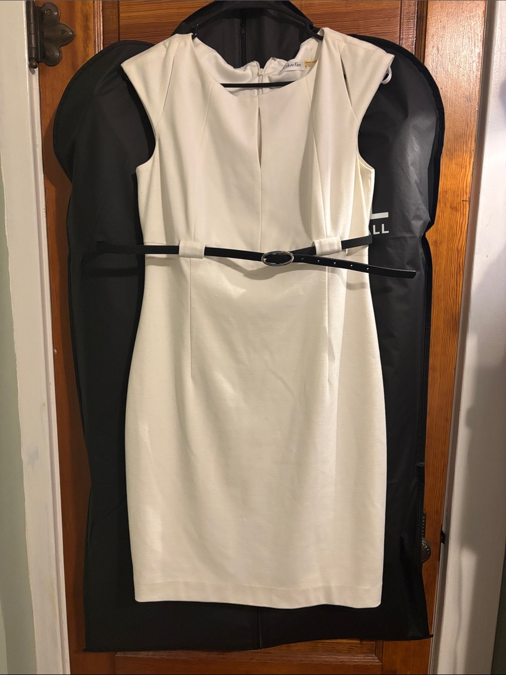 Calvin Klein White Sheath Dress with Black Belt